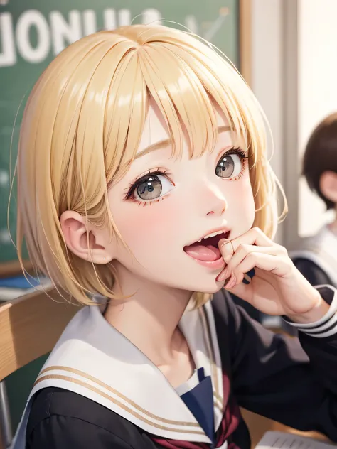 close up of face、blonde、short hair、girl１、sit、study、uniform、School、open your mouth and smile