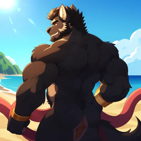 ((cel-shading, portrait, rear view, bright beach background, light color palette, global lighting)), 1boy, abs, bara, bare shoulders, suspended in midair, (black hair, body hairy,  copious luxuriant bushy far-reaching black chest hair, bushy black fur all ...