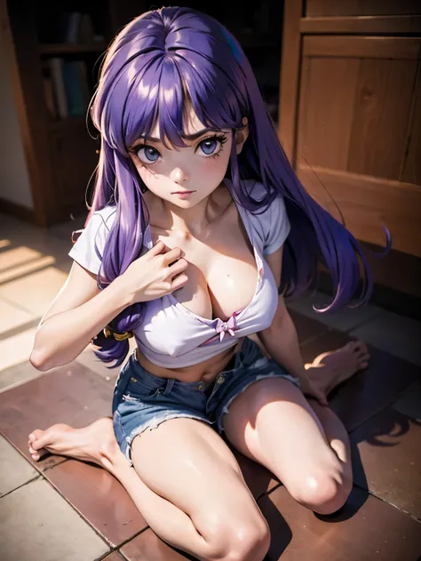 Anime cabelo purple com short jeans e blusa rosa brilhante, 17 anos, corpo bonito, seios grandes, com as hands on chest, hands on chest, Garota sexy, purple cabelo, mechas de cabelo laterais, mechas de cabelo na lateral do rosto, beautiful lighting, sombra...