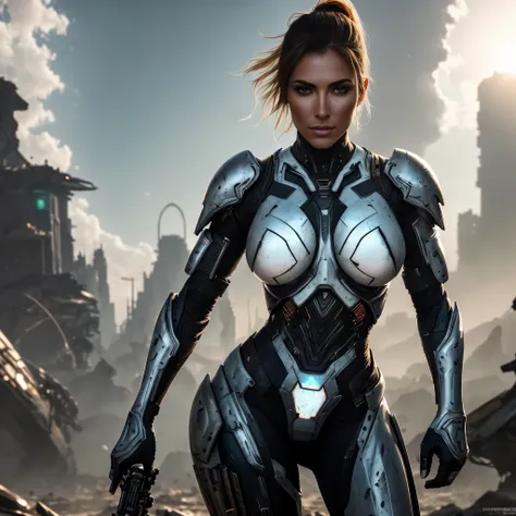 Medium shot of a sexy female cyborg wearing scratched and stained futuristic armor in a destroyed futuristic city, fantasia, sci-fi, lindo rosto feminino, sedutor, sexual, mist, vivid and seductive eyes, obra-prima da melhor qualidade, fotorrealista, detal...