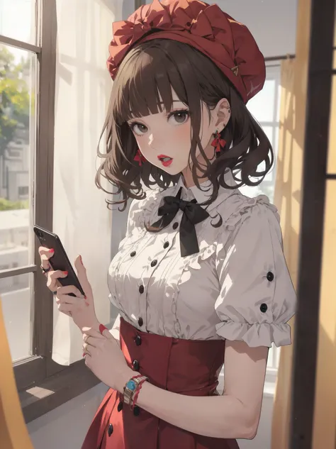 colorful, hezi, cosplay costume, beauty, stunning, 1girl, corded phone, solo, ring, jewelry, brown hair, realistic, talking on phone, phone, earrings, holding, parted lips, brown eyes, bangs, upper body, holding phone, curly hair, bow, looking to the side,...