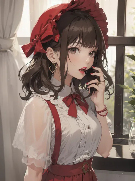 colorful, hezi, cosplay costume, beauty, stunning, 1girl, corded phone, solo, ring, jewelry, brown hair, realistic, talking on p...