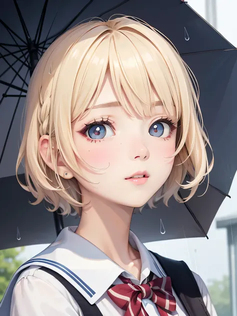 close up of face、blonde、short hair、girl１、school uniform、rain、umbrella