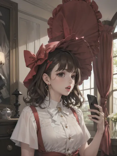 colorful, hezi, cosplay costume, beauty, stunning, 1girl, corded phone, solo, ring, jewelry, brown hair, realistic, talking on phone, phone, earrings, holding, parted lips, brown eyes, bangs, upper body, holding phone, curly hair, bow, looking to the side,...