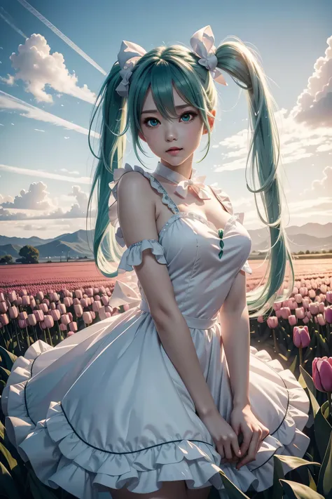 hatsune miku,twin tails,Beautiful emerald green eyes,white skin,hatsune miku costume,white ruffle dress,green ribbon around neck,super high quality,super high quality,masterpiece,digital single lens reflex,realistic,Detailed details,vivid details,depicted ...