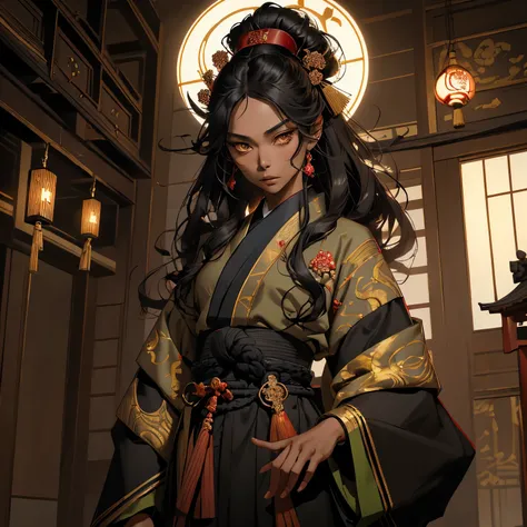 feudal japan empress, dressed in black red and gold robes, ((olive skin)), tan skin, dark skin, long hair, dark hair with soft curls, green eyes, (adult), palace in the background 