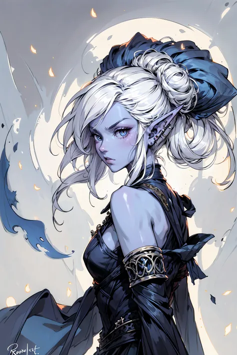 drow,white hair, female, pointy ears, solo,very angry, elf, long hair, colored skin, white hair, blue skin, jewelry, earrings, hair bun, short hair, bare shoulders, profile, upper body, from side, signature, piercing, artist name, ear piercing, nose, lipas...