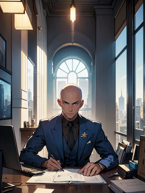 best quality, masterpiece, highres, solo, solo focus, 1boy, mature billionaire, bald head, blue eyes, american, three-piece suit, sitting in a chair, office, desk, laptop computer, empire state building outside window scheming