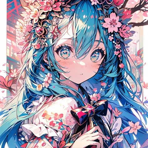 highest quality、masterpiece、anime girl、Hatsune Miku、pink hair、whole body、Cherry hair ornament、cherry blossom background、