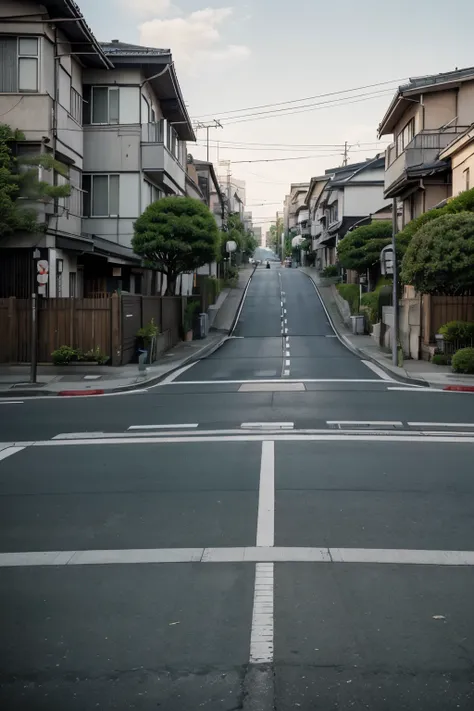 Bicycles parked on the side of the road, japanese street, Residential area, japanese neighborhood, quiet street, single street, Tokyo - esque town, photograph of the city street, on tokyo street, sloped street, streetscape, empty street, in Tokyo under, Pr...