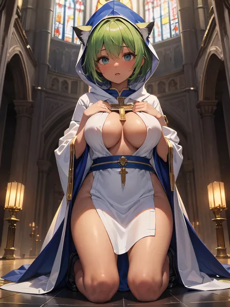 highest quality,wonderful,masterpiece,delicate,ultra high resolution,Super detailed,intricate details,beautiful,8K resolution,(Highly detailed CG Unity 8k wallpaper),sharp focus、1 female、green hair、short hair、vivid hair、、Shaggy hair、Cat ear、big breasts、und...