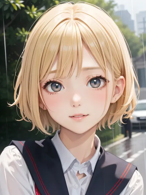 close up of face、blonde、short hair、girl１、school uniform、Rain Yadori