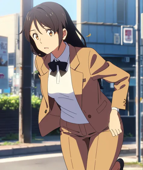 Female, running away, panic, messy black hair with leafs stuck in it, brown eyes, white dress, brown jacket, nice hips, perfect hands, high quality, masterpiece,mitsuha miyamizu, black hair, (brown eyes:1.5), mature woman, tokyo, city, street