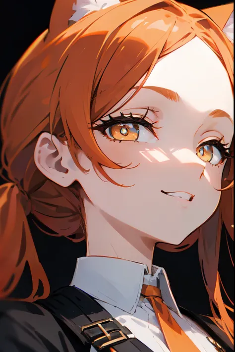 1girl, woman, solo, long hair, big hair, orange hair, cat ears, (forehead:1.2), yellow eyes, medium breasts, devilish grin from below, orange hair, (overcoat, black coat, open coat:1.2), white shirt, collared shirt, (chest harness, shoulder strap:1.15), bl...