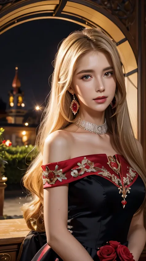 Blonde long-haired woman, black eye, royalty, red and purple dress, red jewelry, red earrings, moon, Noble, lady, high quality, very detailed, detailed face, masterpiece, city, garden, flowers, light