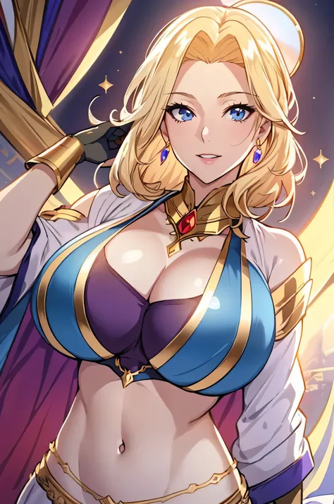 Lian, long blonde hair, hair stick, bangs, blue eyes, solo, smiling, standing, upper body, hips, bare shoulders,purple thighhighs, white dress, gold jewelry,armor,gloves,circlet, cleavage, red and gold royal castle, gigantic breasts, (best quality, masterp...