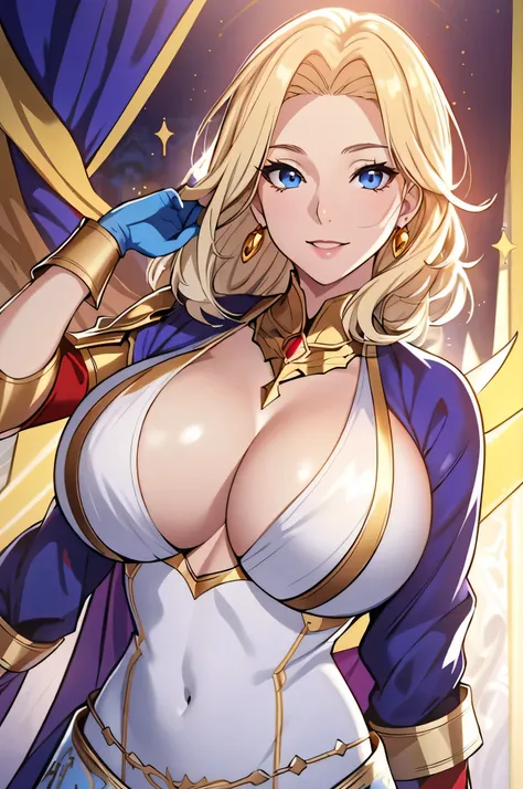 Lian, long blonde hair, hair stick, bangs, blue eyes, solo, smiling, standing, upper body, hips, bare shoulders,purple thighhighs, white dress, gold jewelry,armor,gloves,circlet, cleavage, red and gold royal castle, gigantic breasts, (best quality, masterp...