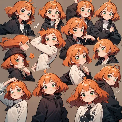 cute girl avatar pack, emoji pack, same girl, red-haired orange hair, green eyes, multiple poses and expressions, white shirt, 4k, masterpiece, best quality, align arrangement