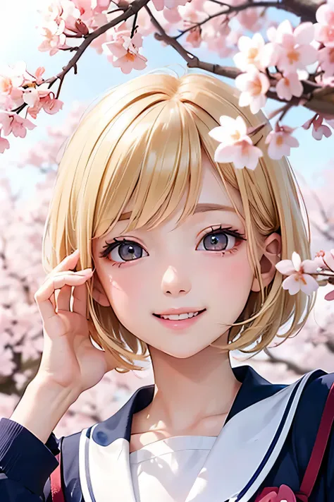 close up of face、blonde、short hair、girl１、school uniform、smile、cherry blossoms、reach out your hand