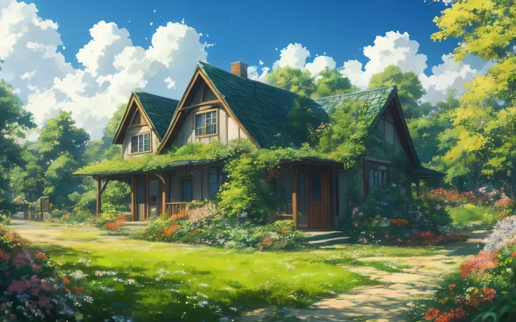 Anime house with green roof and flower garden, anime countryside scenery, anime background art, anime background, beautiful anime scenery, anime landscape wallpapers, anime movie background, house background, colorful anime movie background, anime scenery,...