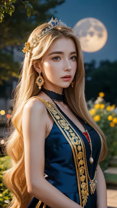 Blonde long-haired woman, black eye, royalty, blue and yellow dress, red jewelry, red earrings, moon, Noble, lady, high quality, very detailed, detailed face, masterpiece, city, garden, flowers, light