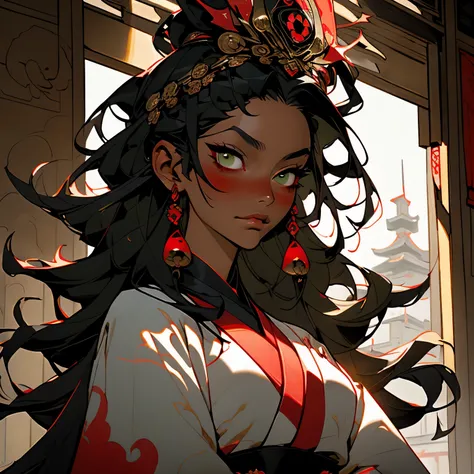 feudal japan empress, dressed in black red and gold robes, ((olive skin)), tan skin, dark skin, long hair, dark hair with soft curls, green eyes, (adult), palace in the background