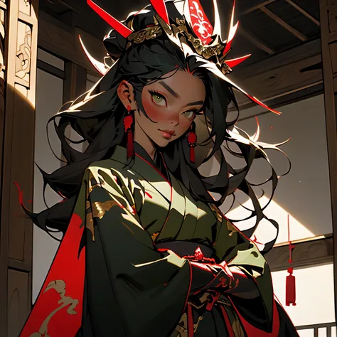 feudal japan empress, dressed in black red and gold robes, ((olive skin)), tan skin, dark skin, long hair, dark hair with soft curls, green eyes, (adult), palace in the background