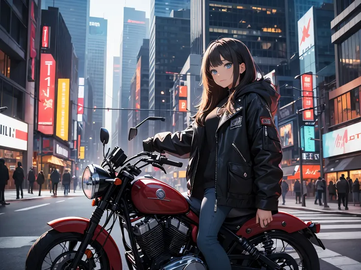 High quality、cyberpunked、1girl, comical、Anime style、black hair、blue eyes, sitting on motor bike、leather jacket、punk coloring、city、nightcity、Street、doodle、parka、Mature、Tall Woman、solo, solo focus, cowboy shot