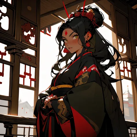 feudal japan empress, dressed in black red and gold robes, ((olive skin)), tan skin, dark skin, long hair, dark hair with soft curls, green eyes, (adult), palace in the background