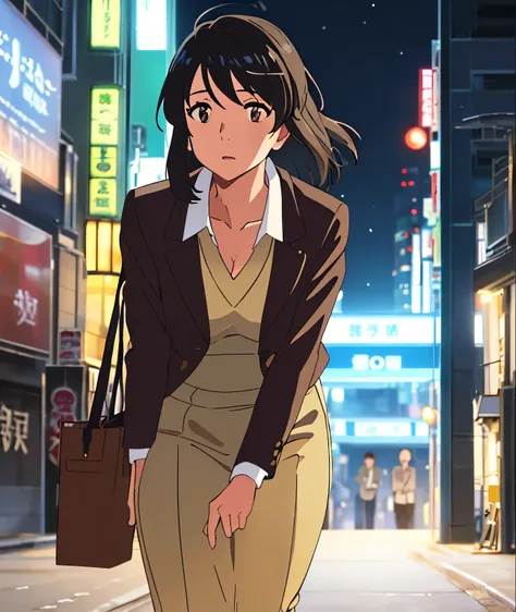 Female, running away, panic, messy black hair with leafs stuck in it, brown eyes, white dress, brown jacket, nice hips, perfect hands, high quality, masterpiece,mitsuha miyamizu, black hair, (brown eyes:1.5), mature woman, tokyo, city, street, chased by bo...