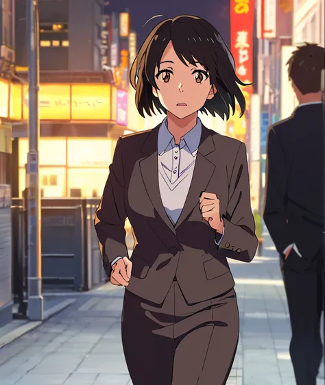 Female, running away, panic, messy black hair with leafs stuck in it, brown eyes, white dress, brown jacket, nice hips, perfect hands, high quality, masterpiece,mitsuha miyamizu, black hair, (brown eyes:1.5), mature woman, tokyo, city, street, chased by bo...