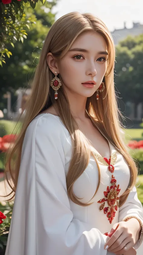 Blonde long-haired woman, black eye, royalty, white dress, red jewelry, red earrings, moon, Noble, lady, high quality, very detailed, detailed face, masterpiece, city, garden, flowers, light,