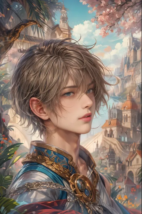 (absurdres, highres, ultra detailed, HDR), masterpiece, Intricate details,best quality picture of a character from Final Fantasy Brave, handsome teen boy with short Hair anime eyes, intricate details on face, brave look, in a detailed outside paradise sanc...