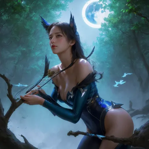 1girl, animal, artist name, solo, full body, arrow (projectile), outdoors, bird, bow (weapon), moon, blue leotard, branch, looking up, forest, in tree, lying, on stomach,Raw,16K,ultra high res,cinematic shot,twilight lighting,volumetric lighting,dramatic l...