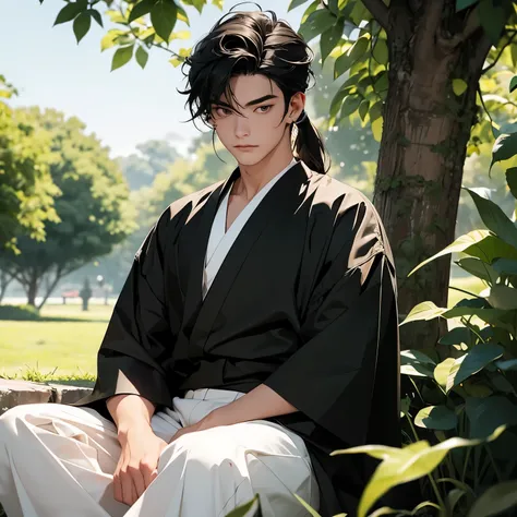 The boy about 21 years old, looking full of confidence, black hair with a mullet hairstyle, wearing traditional green clothes, sitting, talking