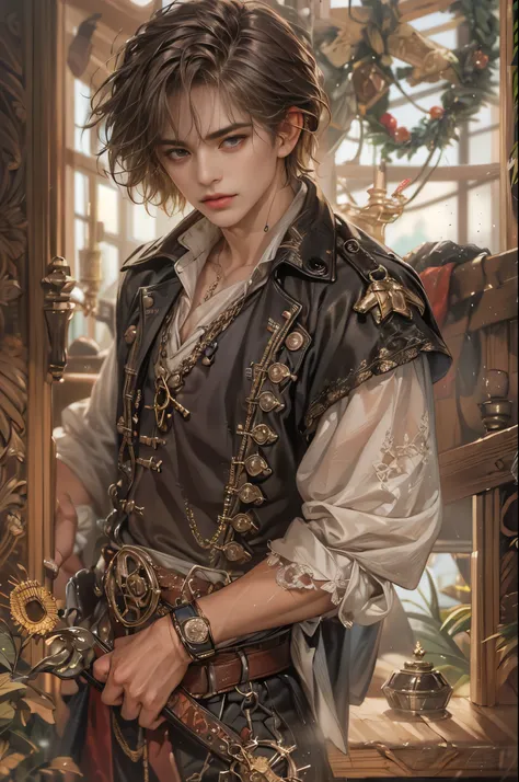 (absurdres, highres, ultra detailed, HDR), masterpiece, best quality, pirates of the Caribbean character, handsome young boy, short hair, handsome face, anime eyes, detailed interior, detailed character