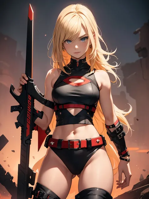 1girl, medium breasts, leotard, black leotard with red accents, sleeveless, midriff, bare legs, boots, matching boots, bracelets, mars backdrop, solo, single, standing, full body shot, cowboy shot, beautiful detailed eyes, blonde hair, medium hair, superhe...