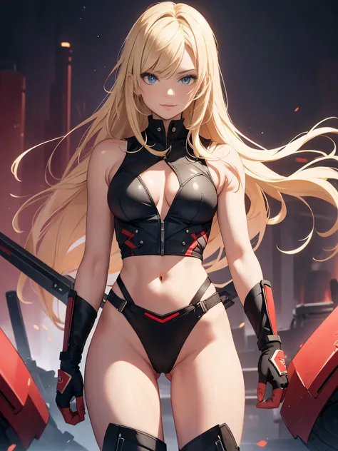 1girl, medium breasts, leotard, black leotard with red accents, sleeveless, midriff, bare legs, boots, matching boots, bracelets, mars backdrop, solo, single, standing, full body shot, cowboy shot, beautiful detailed eyes, blonde hair, medium hair, superhe...