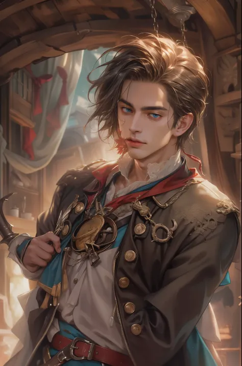 (absurdres, highres, ultra detailed, HDR), masterpiece, best quality, pirates of the Caribbean character, handsome young boy, short hair, handsome face, anime eyes, detailed interior, detailed character