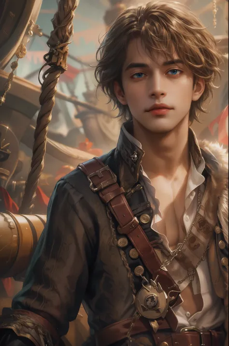 (absurdres, highres, ultra detailed, HDR), masterpiece, best quality, pirates of the Caribbean character, handsome young boy, short hair, handsome face, anime eyes, detailed interior, detailed character