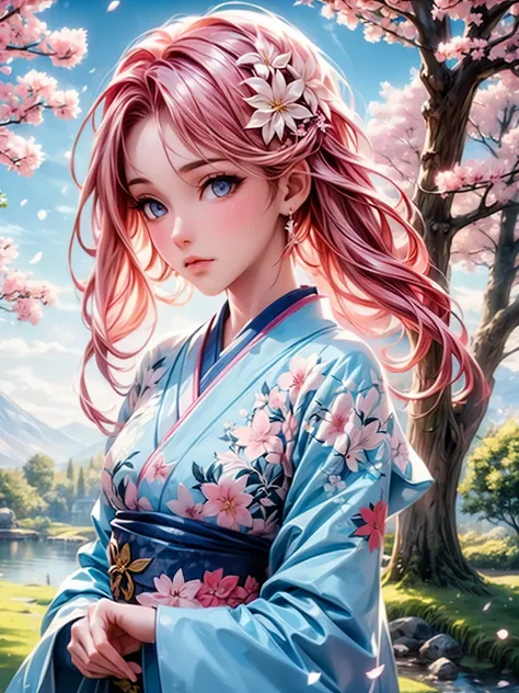 (best quality,ultra-detailed,realistic:1.37),traditional Japanese painting,Kimono,gentle breeze,soft pastel color palette,sunshine filtering through the branches,delicate cherry blossoms unfolding in the sky,falling petals,serene expression,peaceful garden...