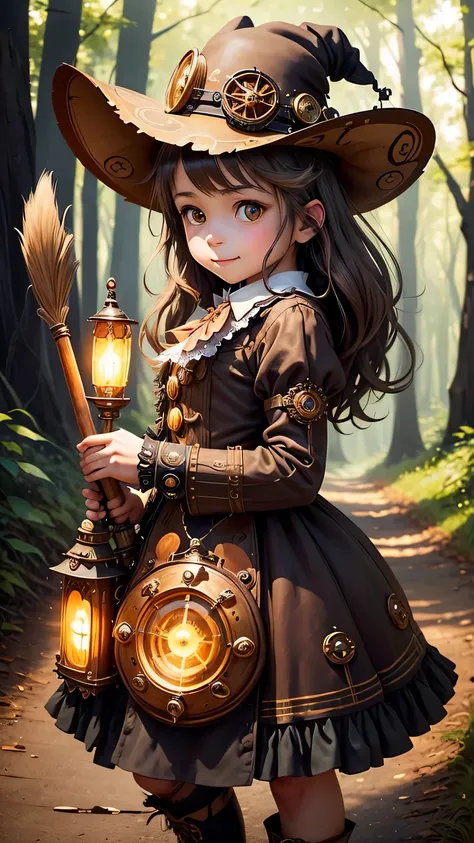 steampunkai。highest quality。masterpiece。detailed details。one girl。little cute girl。steampunk witch。witch hat。witch&#39;s clothes。long light brown fluffy hair。smile。carry a big broom。Running on the road。The background is a forest with bright light shining t...