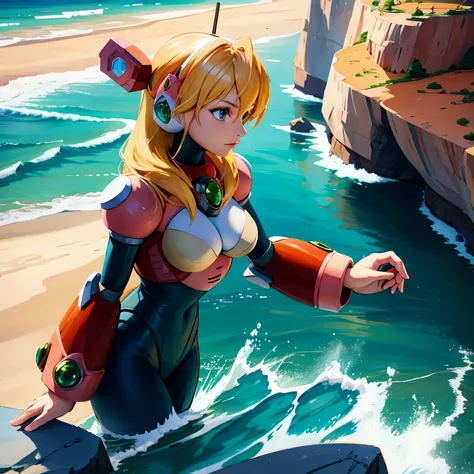 alia_megamanx, 1girl, solo, breasts, blue eyes, blonde hair, android, long hair, robot ears, overlooking the ocean on the edge of a rock, in the style of avian-themed, realistic yet stylized, villagecore, azure, orange and azure, dragoncore, aerial view