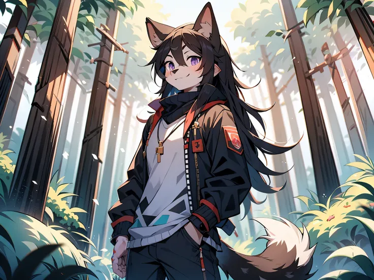 The male wolf is 180 cm tall，blue-purple eyes, , long black hair, end,  The upper body shows off the perfect figure，red and black clothes，With a smile，two small ears，Fair-skinned standing ，in the woods