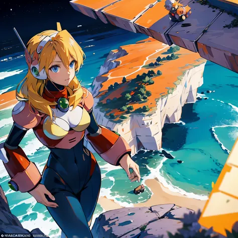 alia_megamanx, 1girl, solo, breasts, blue eyes, blonde hair, android, long hair, robot ears, overlooking the ocean on the edge of a rock, in the style of avian-themed, realistic yet stylized, villagecore, azure, orange and azure, dragoncore, aerial view