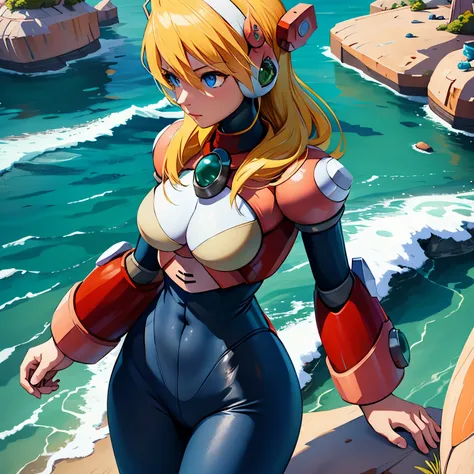 alia_megamanx, 1girl, solo, breasts, blue eyes, blonde hair, android, long hair, robot ears, overlooking the ocean on the edge o...