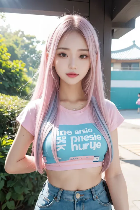 Korean girl looks like 4D painting, Smile, long straight middle parting hair, pink silver hair, ideal tits, cropped pastel blue t-shirts with text printed,Stomach short pants, park background, vibrant colours, gentle light, studio light, dim light, 3D anim...