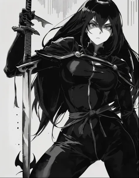 anime girl in black outfit holding a sword and a sword, holding a sword on her shoulder, she is holding a katana sword, she is h...