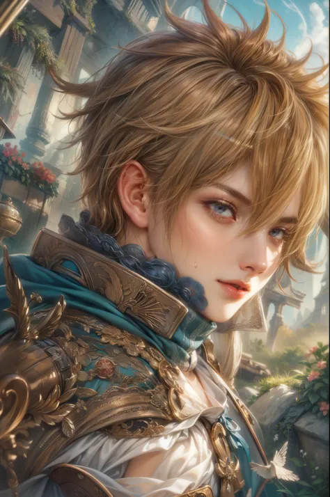 (absurdres, highres, ultra detailed, HDR), masterpiece, Intricate details,best quality picture of a character from Final Fantasy Brave, manly face handsome teen boy with short Hair anime eyes, intricate details on face, brave look, in a detailed outside pa...