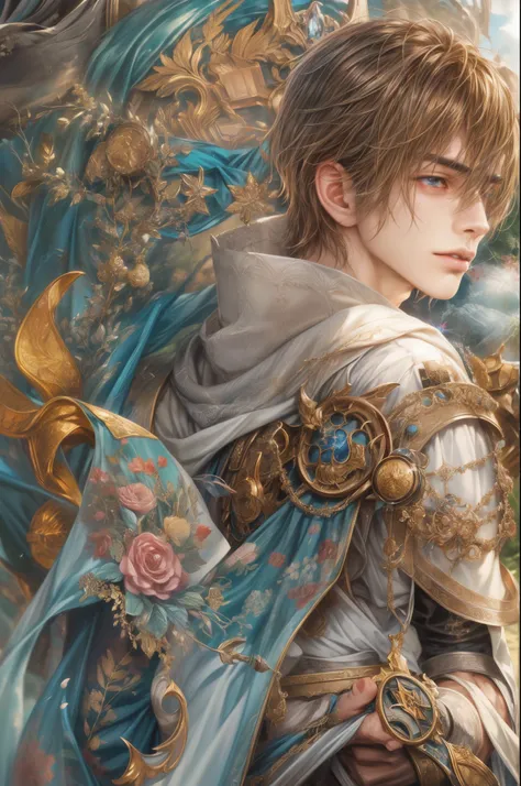 (absurdres, highres, ultra detailed, HDR), masterpiece, Intricate details,best quality picture of a character from Final Fantasy Brave, manly face handsome teen boy with short Hair anime eyes, intricate details on face, brave look, in a detailed outside pa...